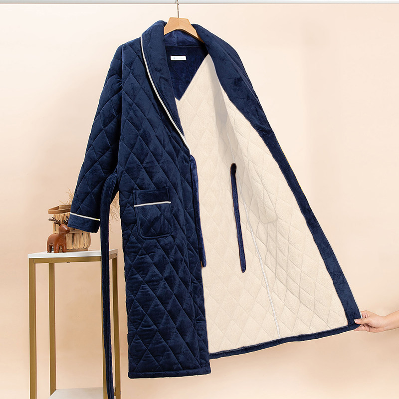 秋冬季男士加绒三层夹棉长款睡袍 丝萝春秋睡袍/浴袍