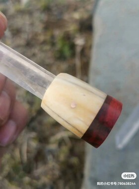 原创手工 喜马拉雅水晶摆件狼骨小叶紫檀底座 松石红塑料银丝镶嵌
