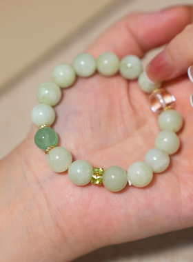 原创「青空牧云」天然岫玉青提奶盖白水晶新中式手串女手饰清新