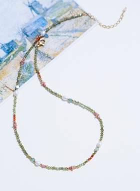 《莫奈花园》原创天然石淡水珍珠串珠项链女彩色水晶锁骨链夏天