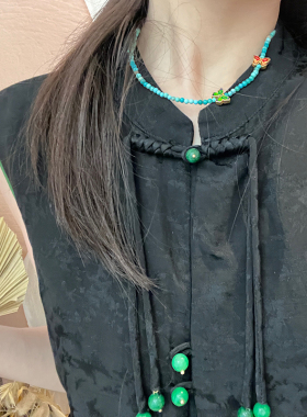 庄周梦蝶天然绿松石项链女新中式国风珐琅蝴蝶锁骨链国潮小众手串