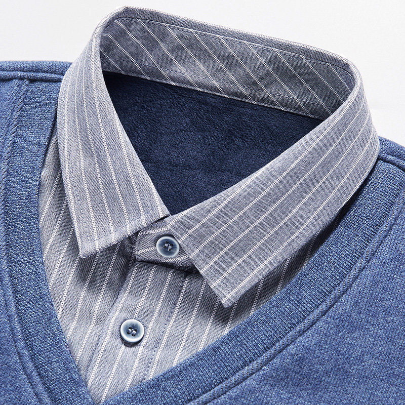 红豆加绒假两件男毛衫衬衫领毛衣冬季加厚保暖拼色男士打底针织衫,淘宝优惠券,粉丝福利购,淘宝优惠卷