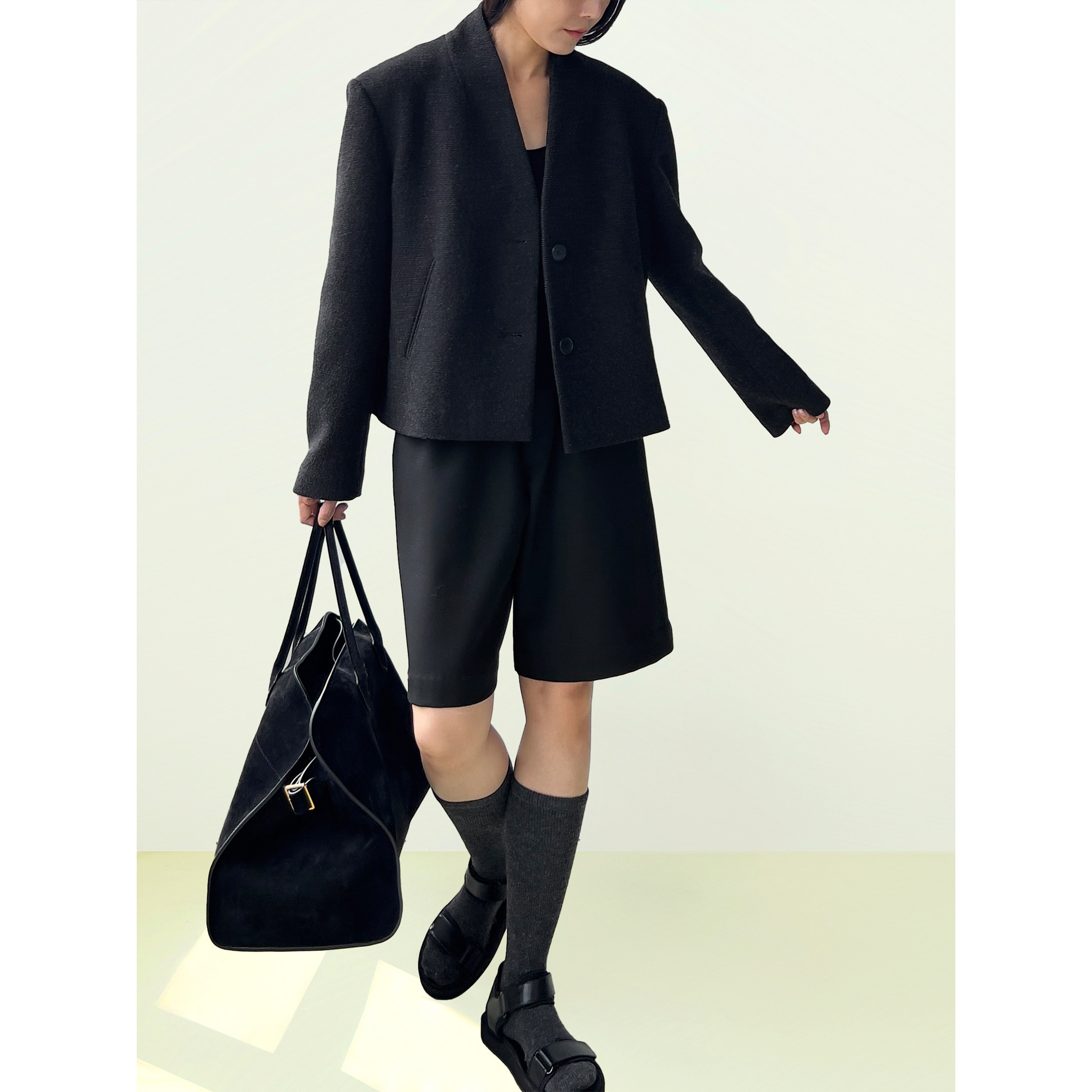 Plain Sight 黑灰羊毛连立领短外套/中腰萝卜裤 - 图3