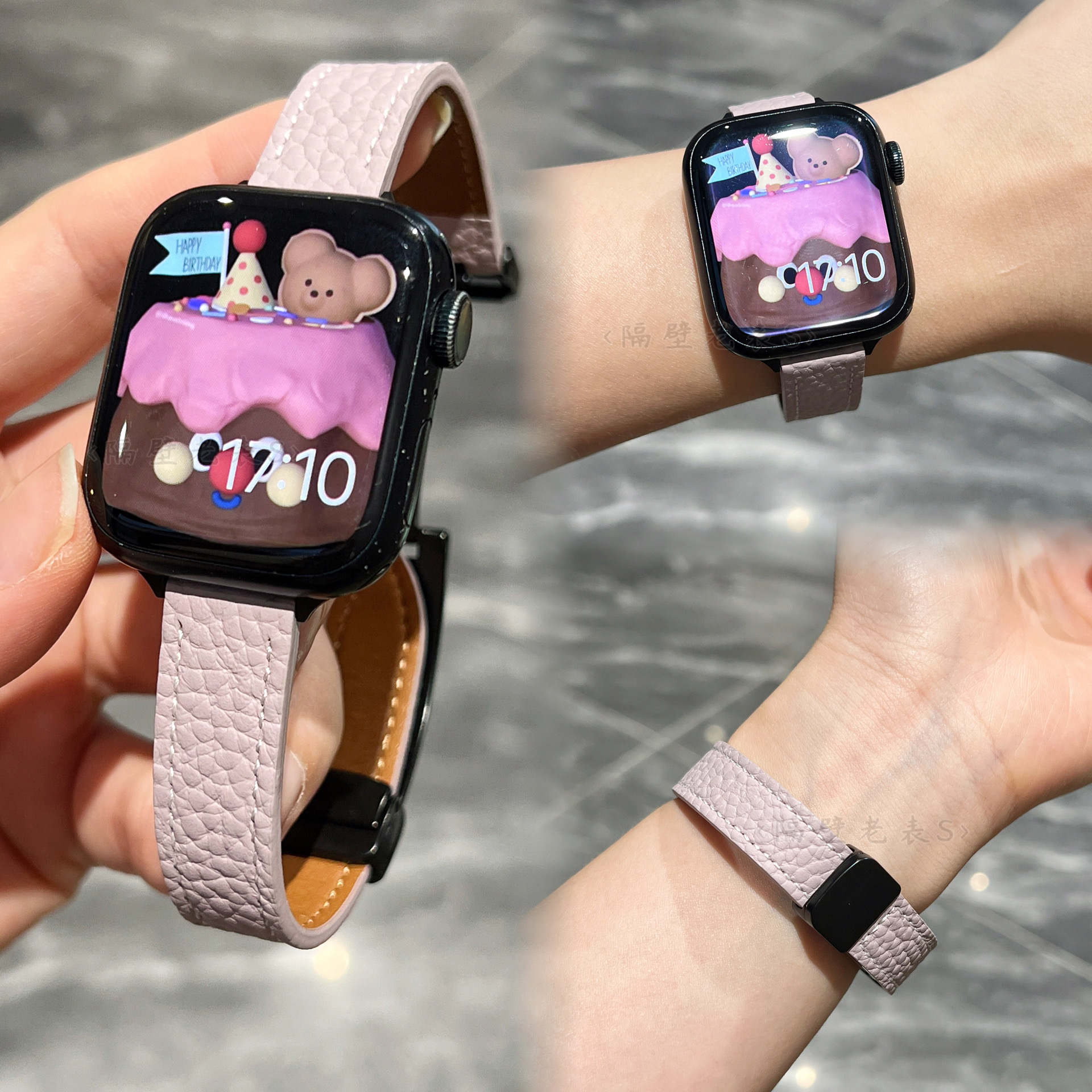 适用苹果手表带Apple watch98细款皮质荔枝纹磁吸扣iwatch7se夏天-图3