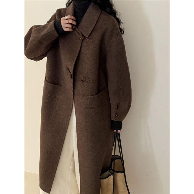 2025年秋冬新款双面羊绒大衣女中长款韩版宽松牛角扣羊毛外套女