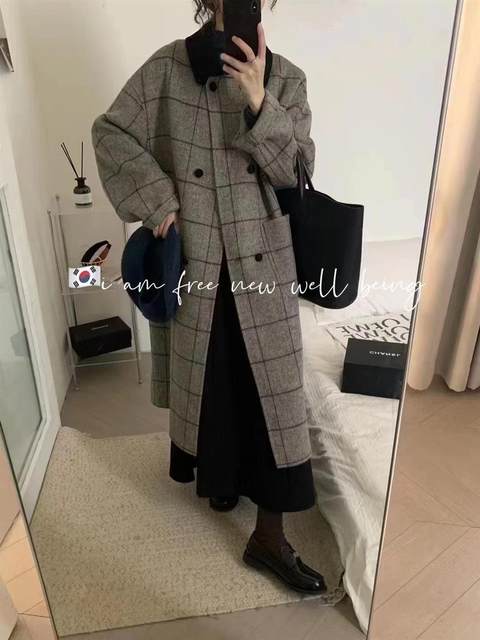 人字纹双面呢羊绒大衣女新款加厚外套中长款冬季格子复古毛呢外套