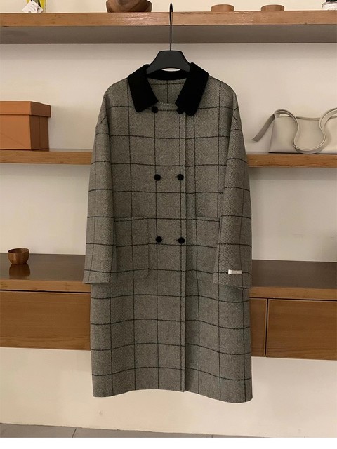 人字纹双面呢羊绒大衣女新款加厚外套中长款冬季格子复古毛呢外套