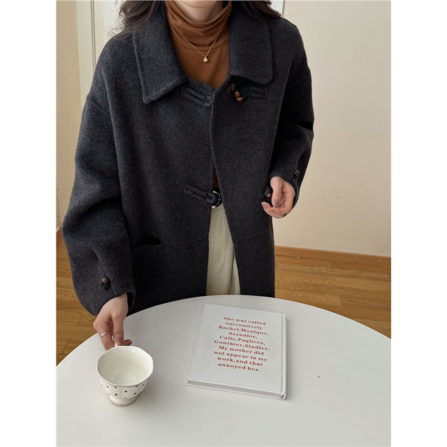 2025年秋冬新款双面羊绒大衣女中长款韩版宽松牛角扣羊毛外套女