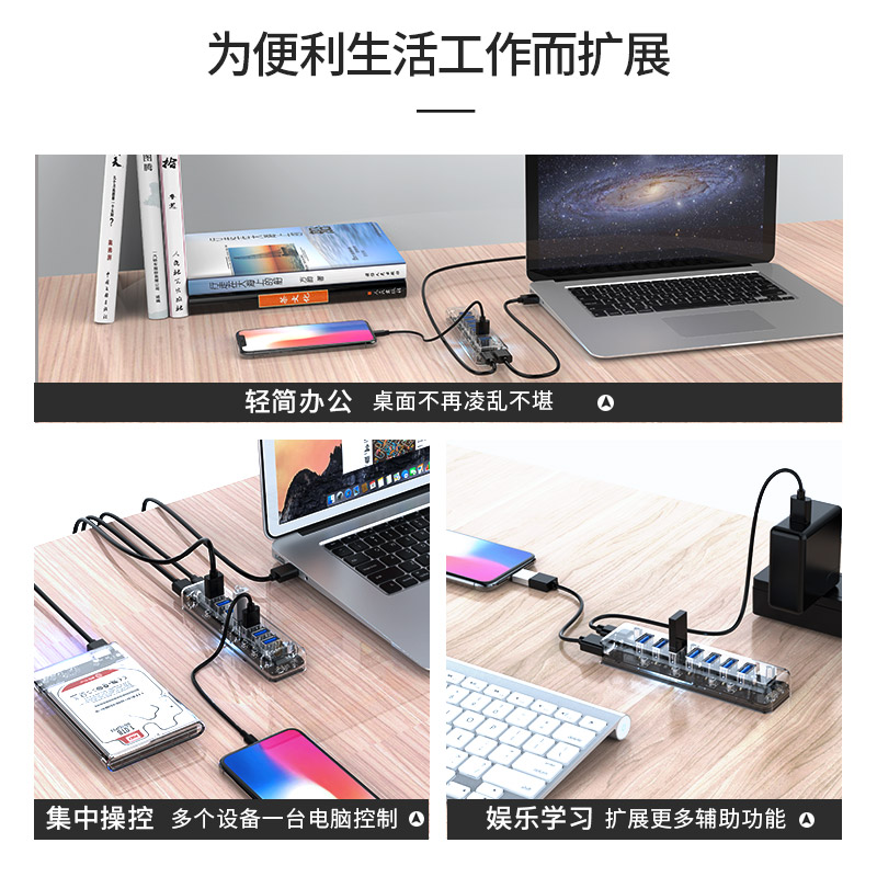 Orico/奥睿科透明usb3.0分线器 hub集线器usb接口扩展器延长线一拖四转换器多头转接头多孔电脑外接分接器-图2