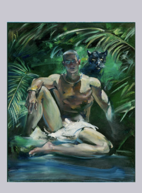男性审美植物男体油画森林丛林野豹肌肉人体画复刻喷画墙面改造