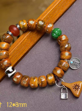 藏传回流牦牛骨手串单圈藏式文玩佛珠复古老铜万字镶嵌桶珠手链