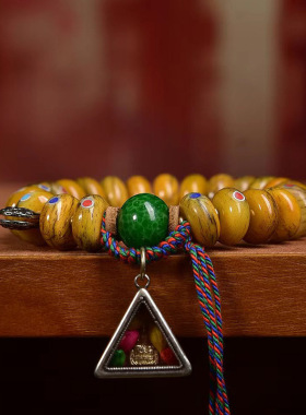 藏传回流多宝镶嵌药片珠手串单圈猫眼石琉璃配饰牦牛骨文玩手链