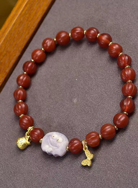 天然西周玛瑙手串单圈藏式文玩佛珠白水晶莲花狐狸配饰复古手链