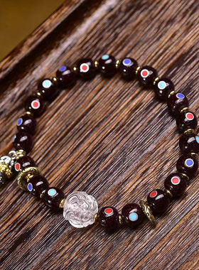 天然朱砂供多宝星月菩提文玩佛珠手串单圈白水晶南红玛瑙配珠手链