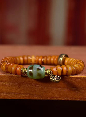 藏传回流骨隔片手串单圈藏式文玩老铜卡子跑圈玛瑙天珠配饰手链