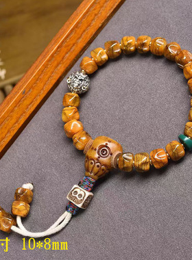 藏传回流牦牛骨雕刻手串单圈藏式文玩佛珠铜貔貅玛瑙松石配饰手链