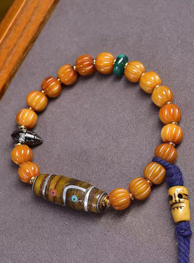 藏传回流骨雕刻瓜珠手串单圈松石根付富甲孔雀石配饰文玩佛珠手链