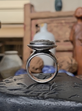 苗乡银绣坊中国风纯手工原创制作镶嵌老银扣福禄寿三星闭口戒指