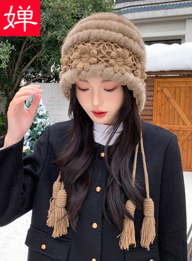 网红时尚复古钩花水貂毛编织皮草帽子女秋冬季花朵户外拍照旅行帽