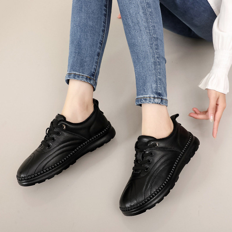 真皮深口妈妈鞋舒适软底百搭休闲单鞋女防滑平底秋冬加绒保暖女鞋,淘宝优惠券,粉丝福利购,淘宝优惠卷