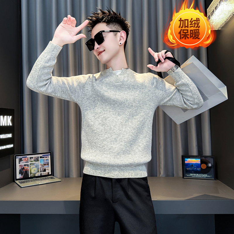 小码男装秋冬季加绒加厚保暖针织毛衣XS码S矮个子潮流假两件线衣 - 图0