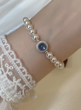 戴出高级感的气质 通体纯银镶钻海蓝宝珍珠手链