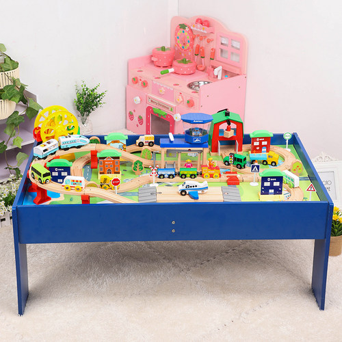 儿童小火车轨道套装游戏桌 兼容brio 米兔木质轨道拼装积木玩具 - 图2