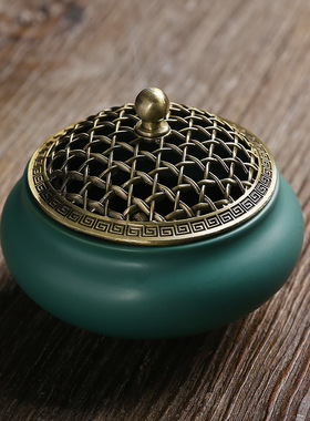 厂家直销陶瓷盘香炉檀香沉香香薰炉创意藤编盖书房家居摆件可