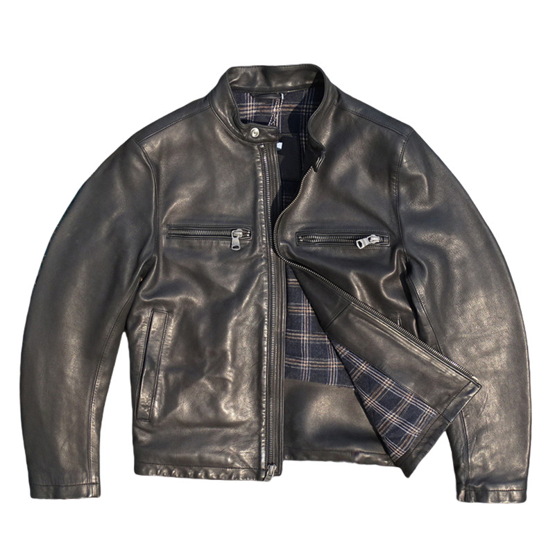 出口美国剩余！香蕉家意大利敦厚深蓝色绵羊皮真皮皮衣男立领加棉 - 图3