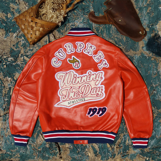 Marsh Orange! Imported first-layer vegetable tanned stiff cowhide leather jacket for men, embroidered multi-label baseball uniform, same style for men and women