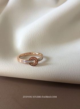 复古风珍珠母贝玫瑰金钛钢戒指