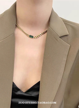 钛钢女18K金链条祖母绿项链手链