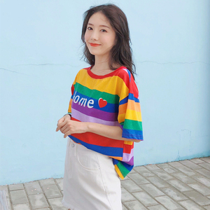 清新字母印花条纹宽松t恤