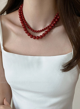 安可拉红施家珍珠项链女气质感锁骨链小众设计轻奢显白脖颈链