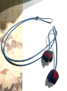 可调节新中式仿樟绒蓝色八宝纹花苞腰带大衣腰带连衣裙毛衣细腰绳