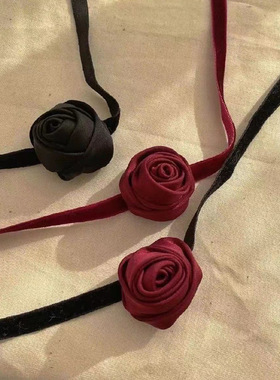 玫瑰丝绒复古颈链黑色风气质小众绑带花朵choker锁骨链性感项链