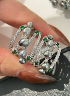 天然大溪地keshi戒指s925银祖母绿镶嵌戒指开口可调节精工纯银