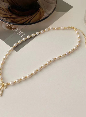小米粒珍珠项链轻奢小众蝴蝶结颈链锁骨链女夏气质名媛时尚夏季