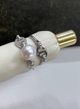 精工925纯银 双层猪鼻子天然淡水珍珠戒指 时尚甜酷指环女 可调