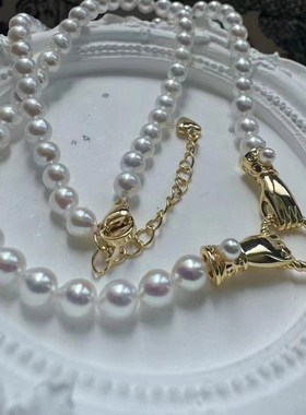 玫瑰刘亦菲同款手拉手珍珠项链天然淡水珍珠S925纯银锁骨链