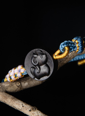 天然黑檀木生肖马手工编织手绳