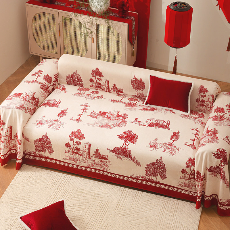 结婚喜庆装饰沙发盖布氛围感沙发巾复古国潮红色沙发垫春节盖毯,淘宝优惠券,粉丝福利购,淘宝优惠卷