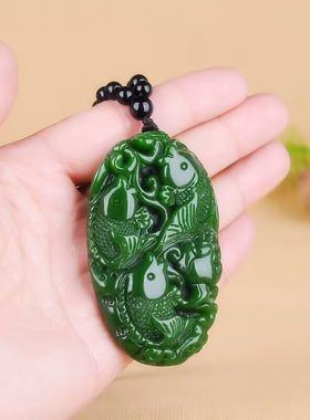 和田玉鱼莲花手把件碧玉年年有鱼