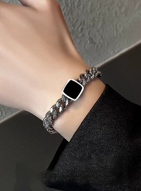 方形古巴手链男钛钢不掉色潮流百搭复古小众首饰女高级感配饰饰品