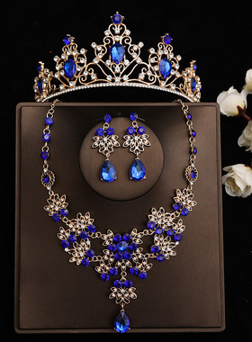 结婚宝石皇冠头饰项链耳环新娘三件套婚纱冠大气头冠配饰仙感摄影