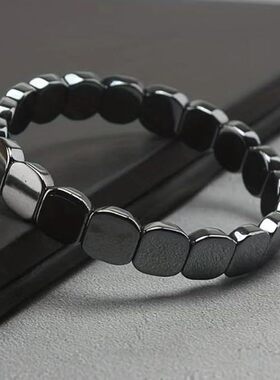 跨境亚马逊热销赤铁矿黑胆石弹力方形串珠男女时尚手链厂家批发