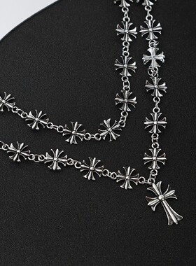 十字架项链批发欧美跨境饰品时尚嘻哈不掉色项饰男双层叠戴古巴链