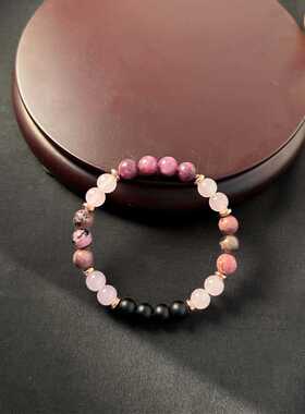 跨境爆款天然石榴石和红木纹粉水晶制作手链百搭款简约粉色手串珠