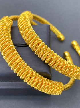 时尚新款镀金麻花线圈开口手镯中东新娘结婚宴会女式沙金手环跨境