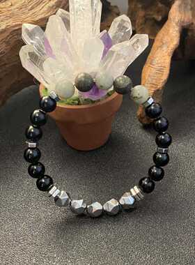 跨境爆款手链天然石切面灰闪石赤铜矿黑曜石8mm串珠黑白配色手串